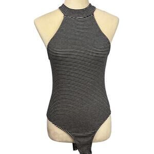 Heart & Hips Black White Striped Halter Bodysuit Y2K Sleveless Stretchy Large
